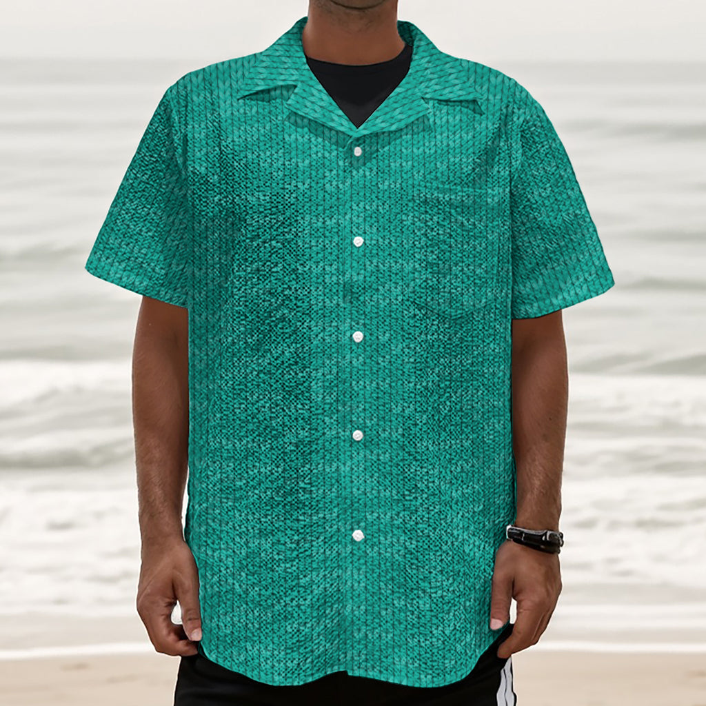 Turquoise Knitted Pattern Print Textured Short Sleeve Shirt