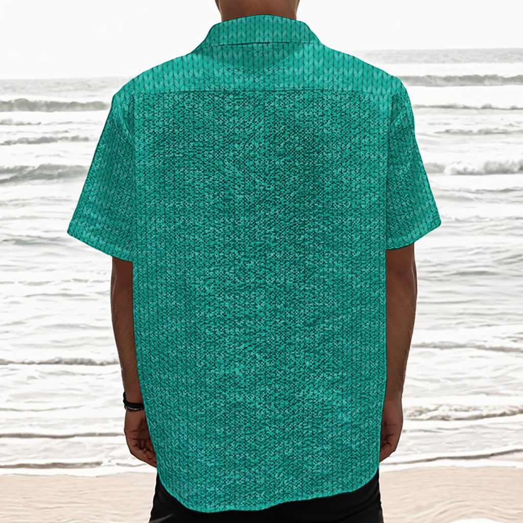 Turquoise Knitted Pattern Print Textured Short Sleeve Shirt
