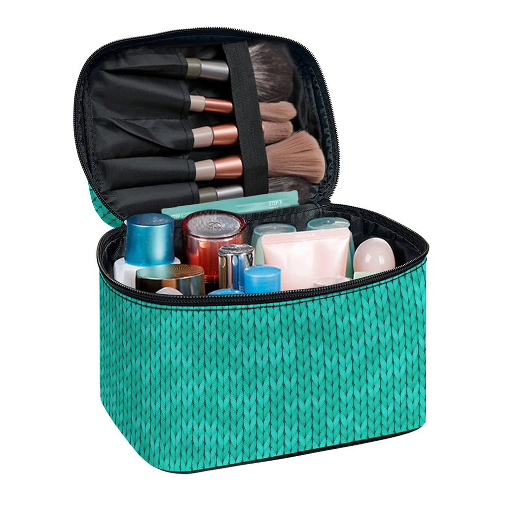Turquoise Knitted Pattern Print Travel Makeup Bag