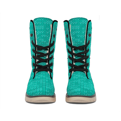 Turquoise Knitted Pattern Print Winter Boots