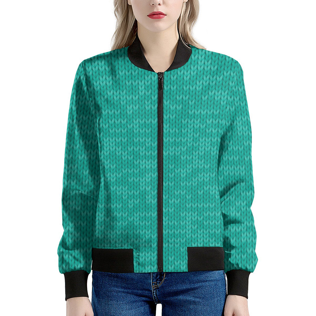 Turquoise Knitted Pattern Print Women's Bomber Jacket