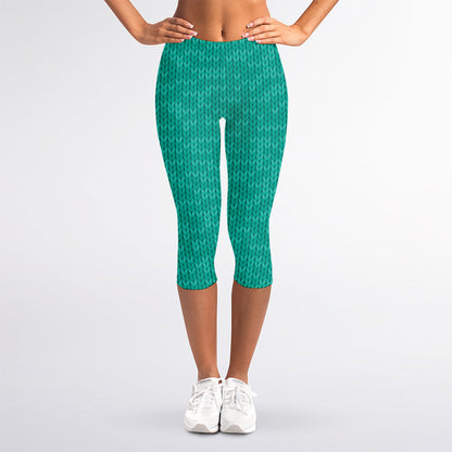 Turquoise Knitted Pattern Print Women's Capri Leggings