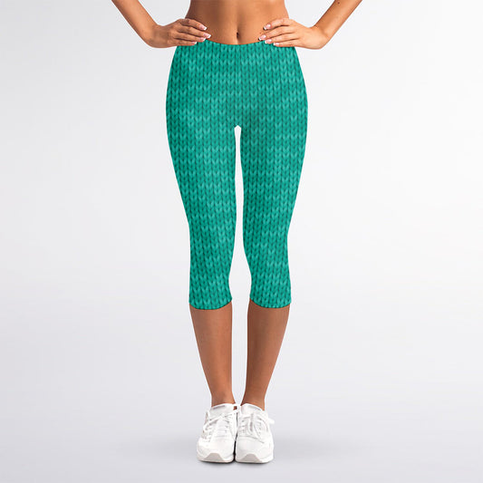 Turquoise Knitted Pattern Print Women's Capri Leggings