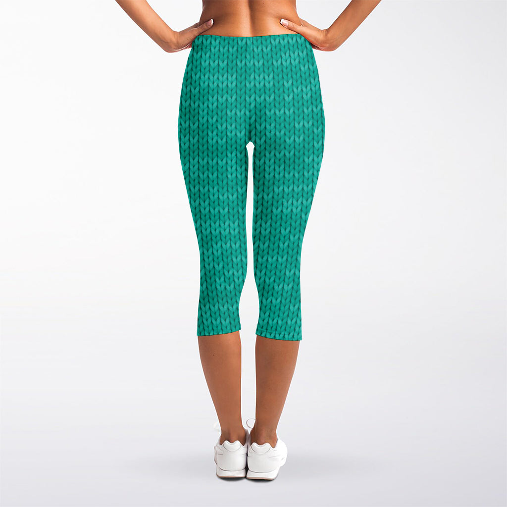 Turquoise Knitted Pattern Print Women's Capri Leggings