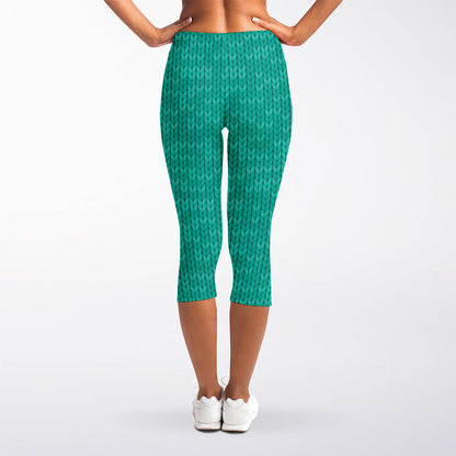 Turquoise Knitted Pattern Print Women's Capri Leggings