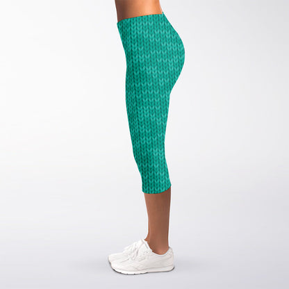 Turquoise Knitted Pattern Print Women's Capri Leggings