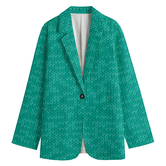 Turquoise Knitted Pattern Print Women's Cotton Blazer