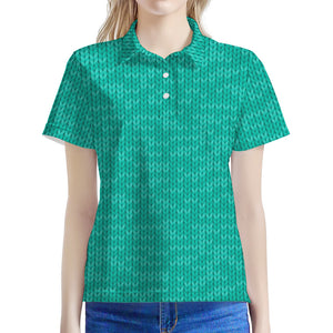 Turquoise Knitted Pattern Print Women's Polo Shirt