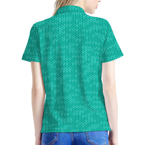 Turquoise Knitted Pattern Print Women's Polo Shirt