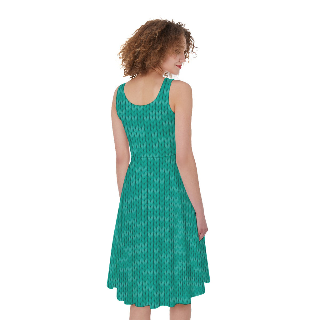 Turquoise Knitted Pattern Print Women's Sleeveless Dress