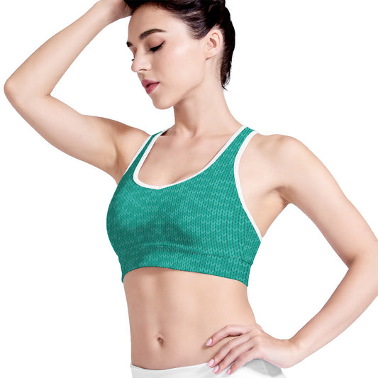Turquoise Knitted Pattern Print Women's Sports Bra