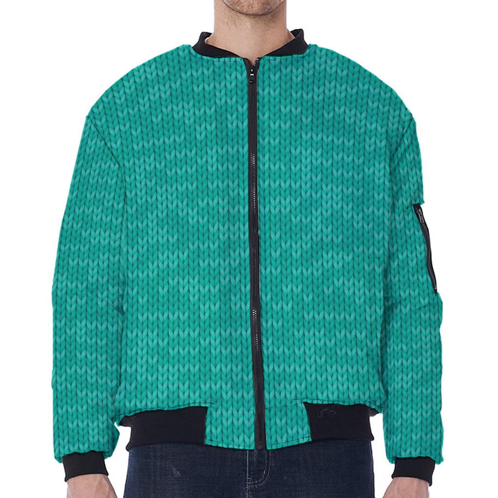 Turquoise Knitted Pattern Print Zip Sleeve Bomber Jacket