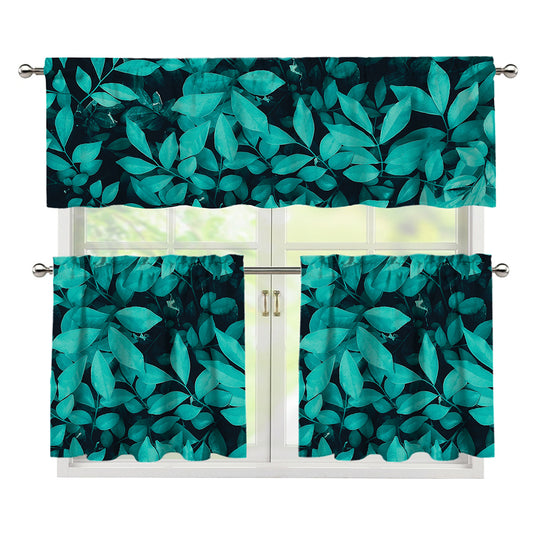 Turquoise Leaf Print 3 Piece Kitchen Curtains