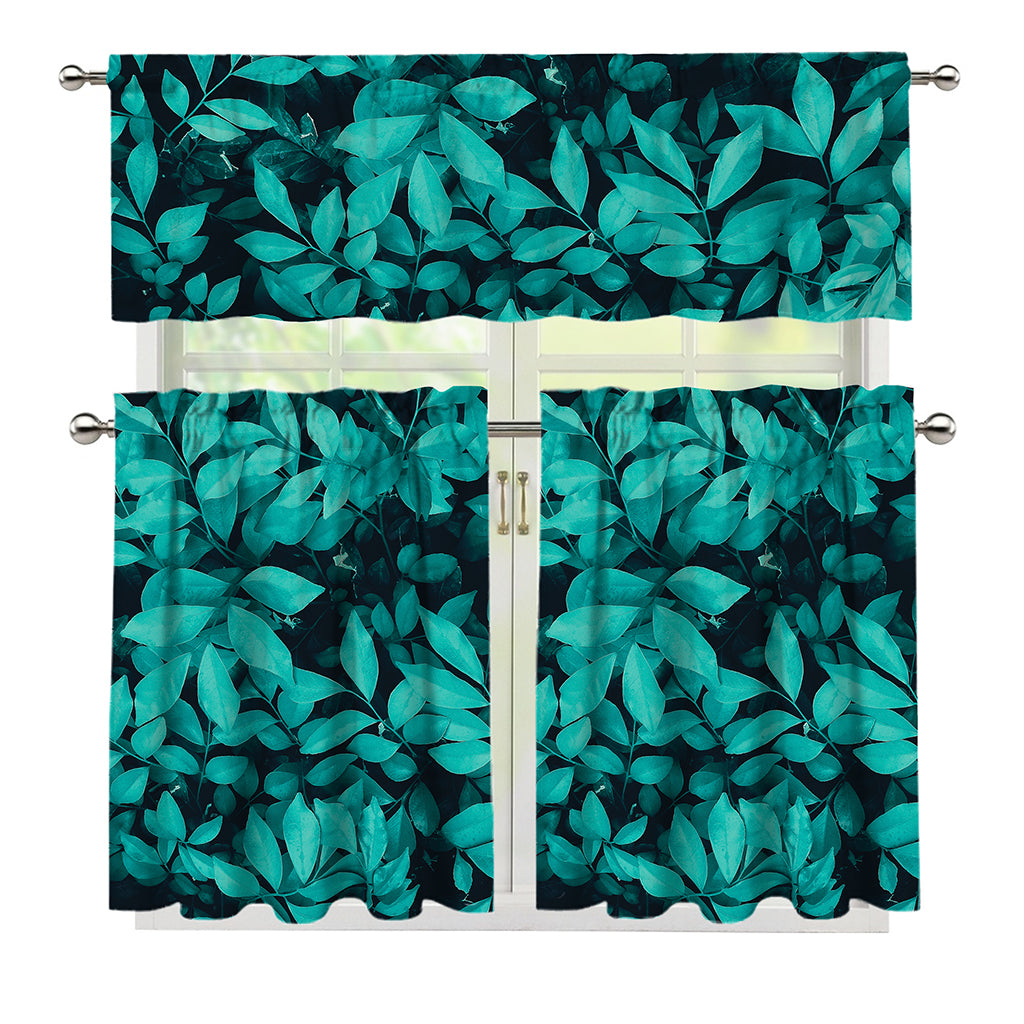 Turquoise Leaf Print 3 Piece Kitchen Curtains