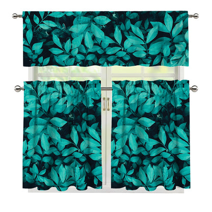 Turquoise Leaf Print 3 Piece Kitchen Curtains