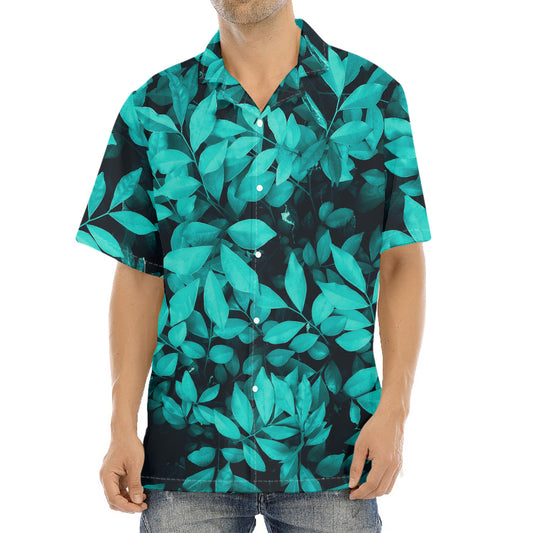 Turquoise Leaf Print Aloha Shirt