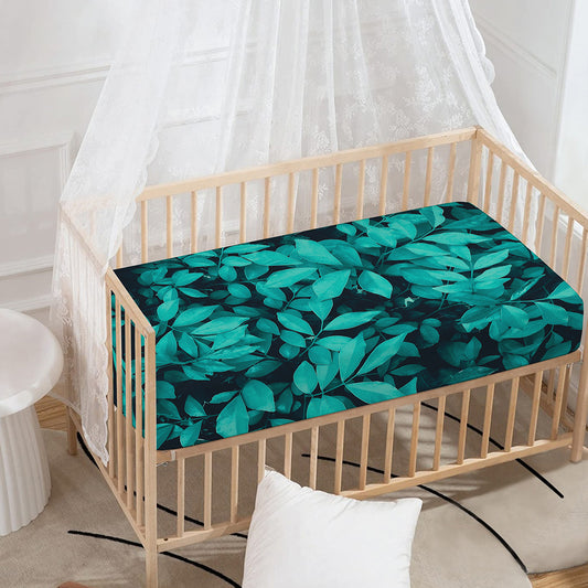 Turquoise Leaf Print Baby Crib Sheet