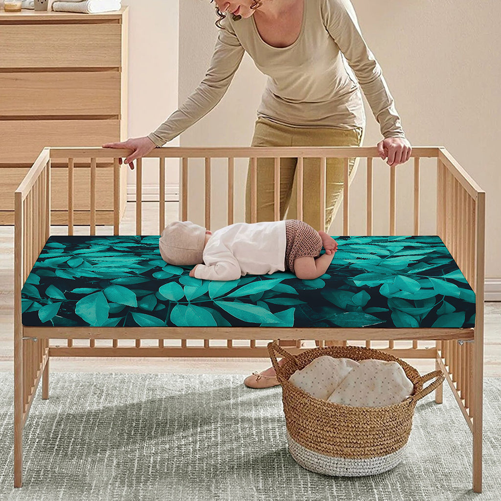 Turquoise Leaf Print Baby Crib Sheet