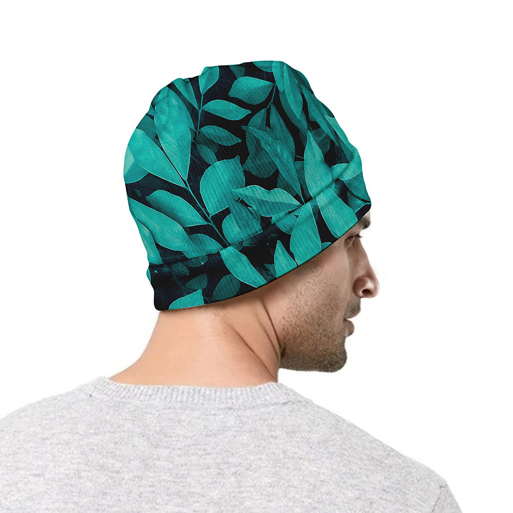 Turquoise Leaf Print Beanie
