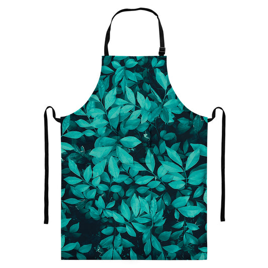 Turquoise Leaf Print Bib Apron With Pocket