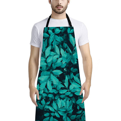 Turquoise Leaf Print Bib Apron With Pocket