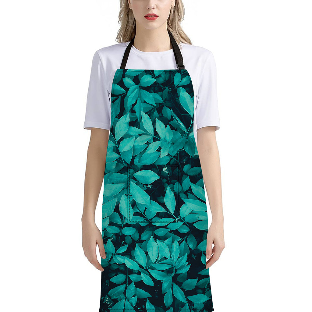 Turquoise Leaf Print Bib Apron With Pocket