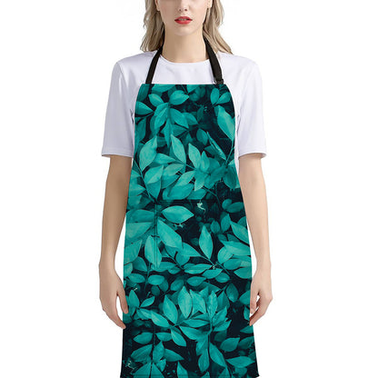 Turquoise Leaf Print Bib Apron With Pocket