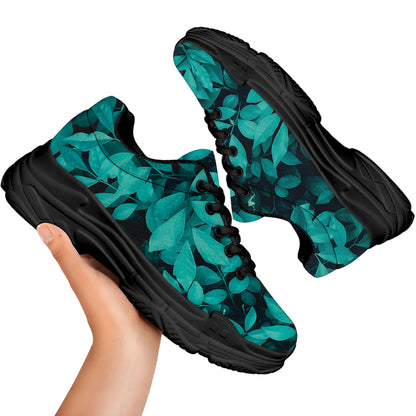 Turquoise Leaf Print Black Chunky Shoes