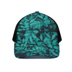 Turquoise Leaf Print Black Mesh Trucker Cap