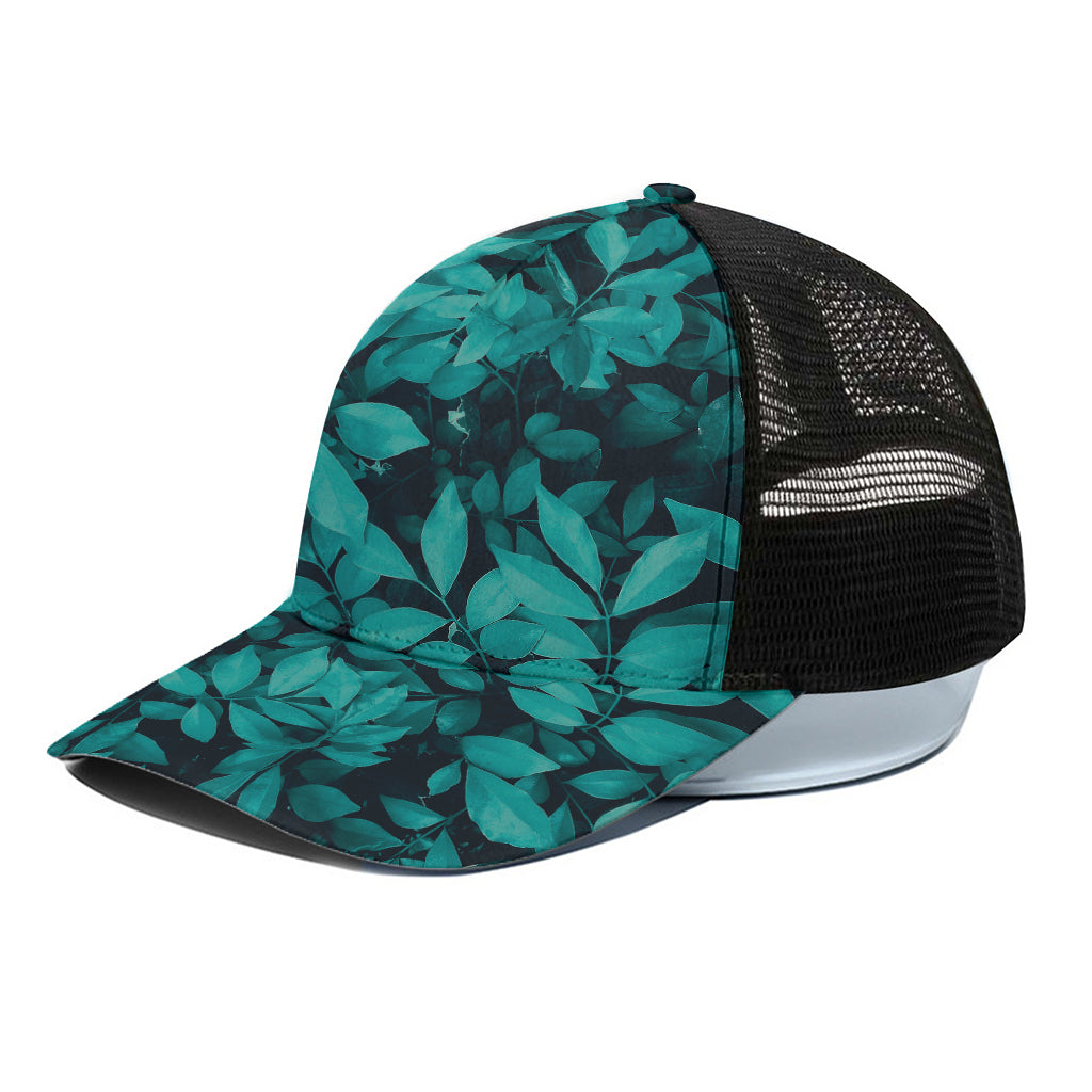 Turquoise Leaf Print Black Mesh Trucker Cap