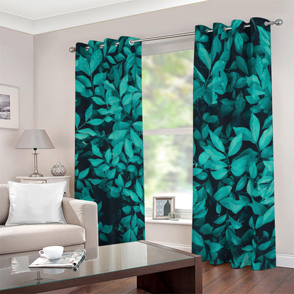 Turquoise Leaf Print Blackout Grommet Curtains