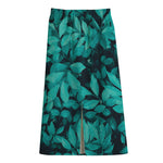 Turquoise Leaf Print Cotton Front Slit Maxi Skirt