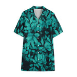 Turquoise Leaf Print Cotton Hawaiian Shirt
