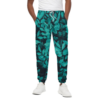 Turquoise Leaf Print Cotton Pants
