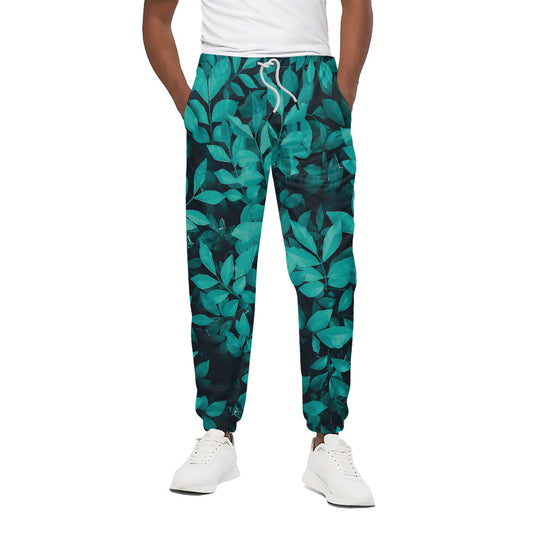 Turquoise Leaf Print Cotton Pants