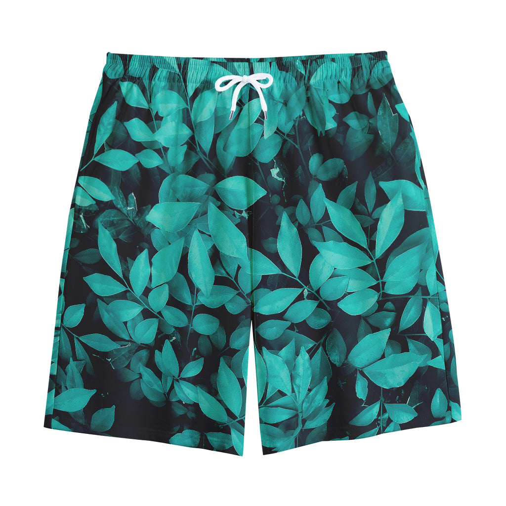 Turquoise Leaf Print Cotton Shorts