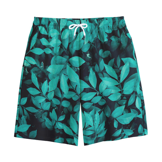Turquoise Leaf Print Cotton Shorts