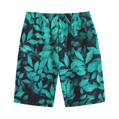 Turquoise Leaf Print Cotton Shorts