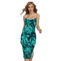 Turquoise Leaf Print Cross Back Cami Dress