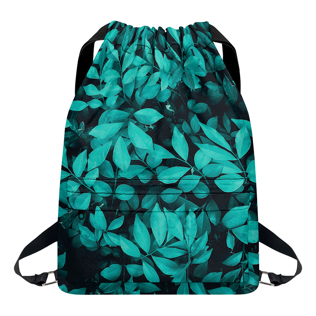 Turquoise Leaf Print Drawstring Backpack