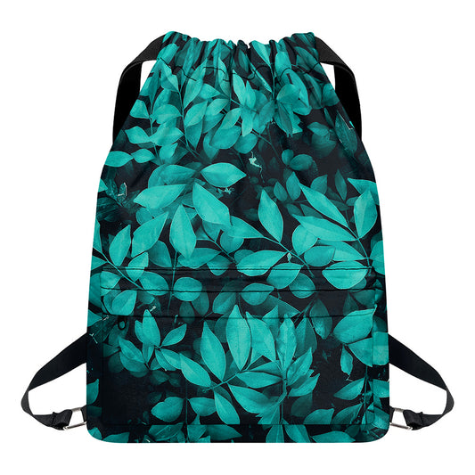 Turquoise Leaf Print Drawstring Backpack