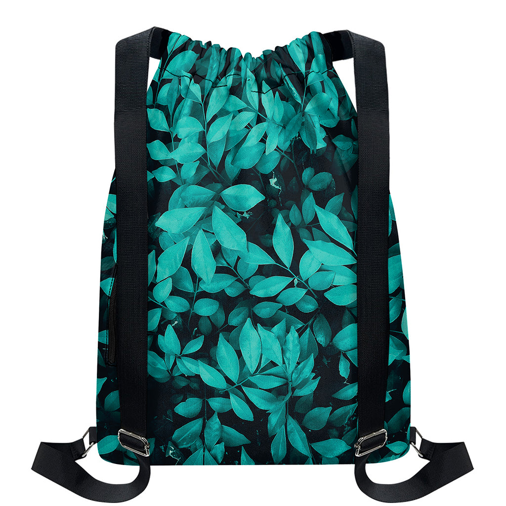 Turquoise Leaf Print Drawstring Backpack