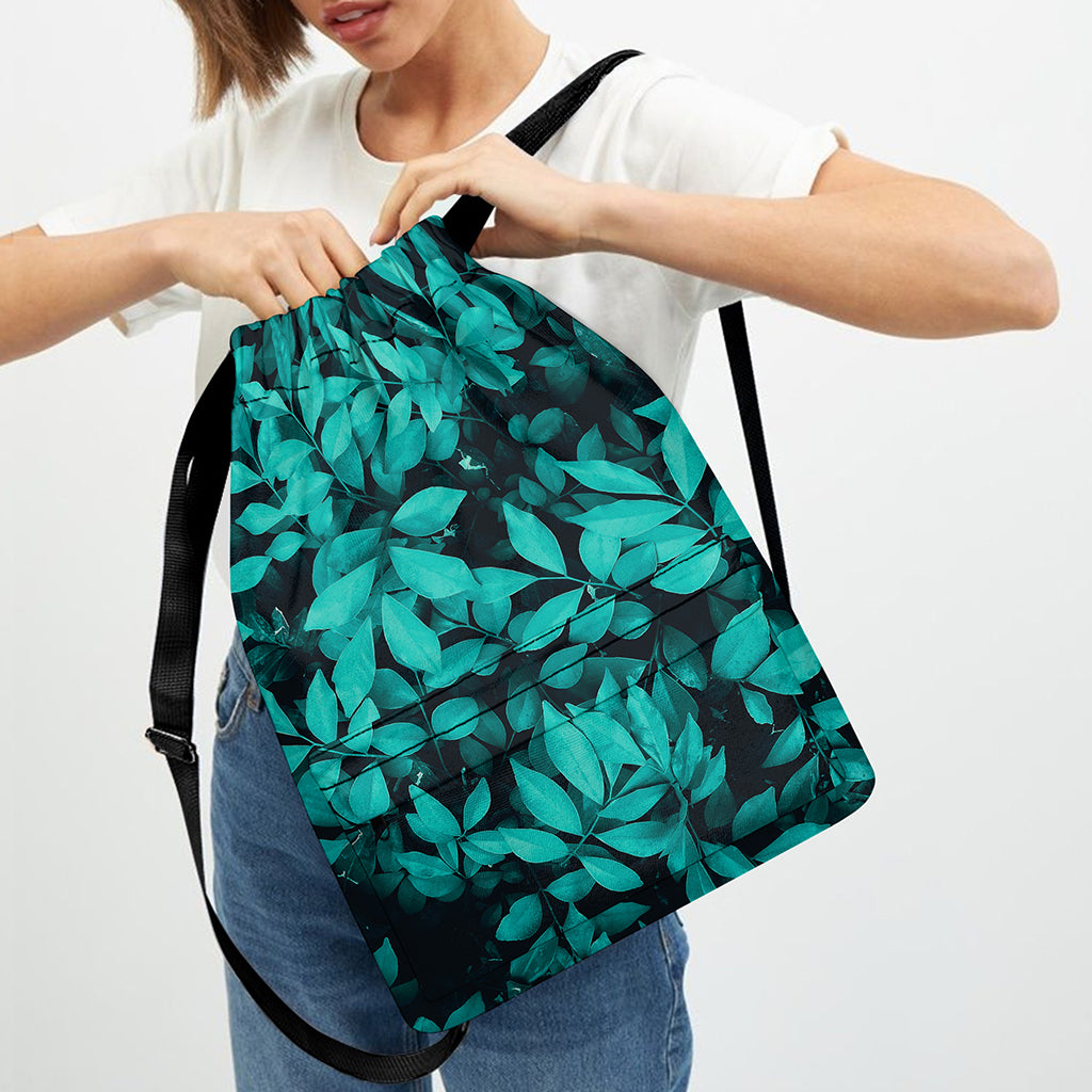 Turquoise Leaf Print Drawstring Backpack