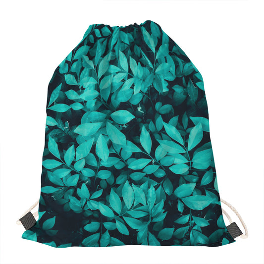 Turquoise Leaf Print Drawstring Bag