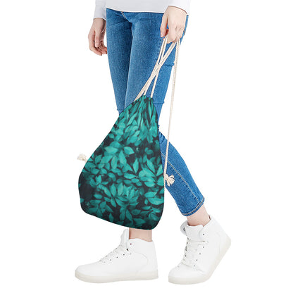Turquoise Leaf Print Drawstring Bag