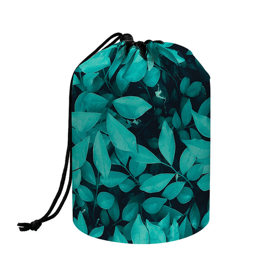 Turquoise Leaf Print Drawstring Makeup Bag