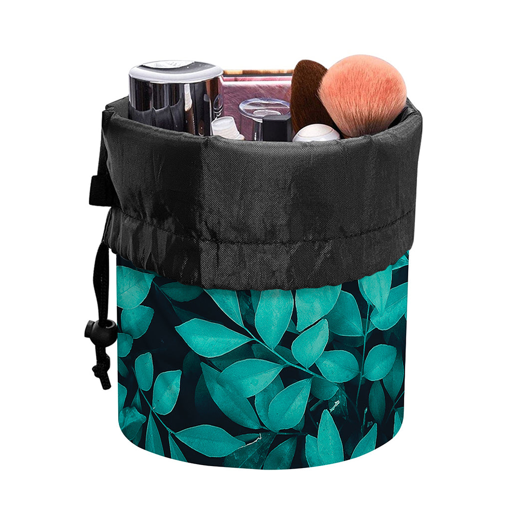 Turquoise Leaf Print Drawstring Makeup Bag