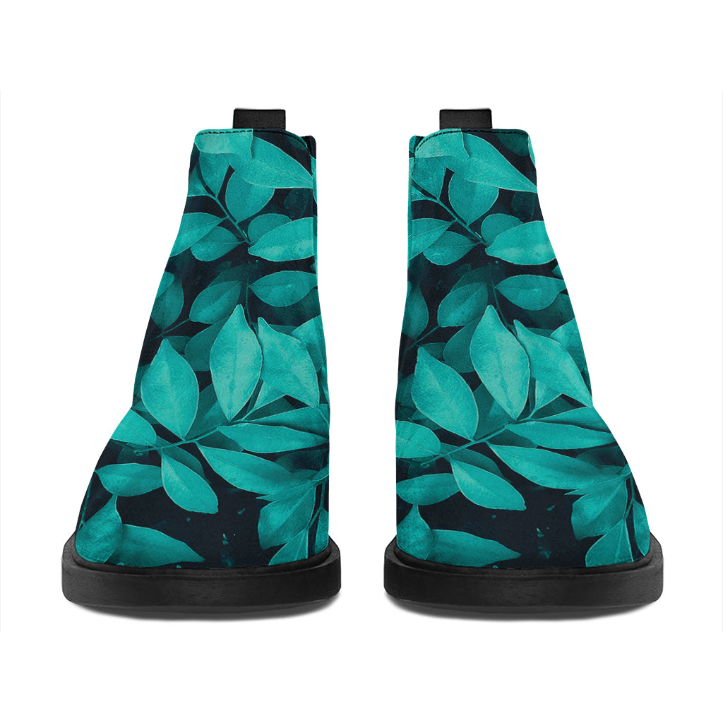 Turquoise Leaf Print Flat Ankle Boots