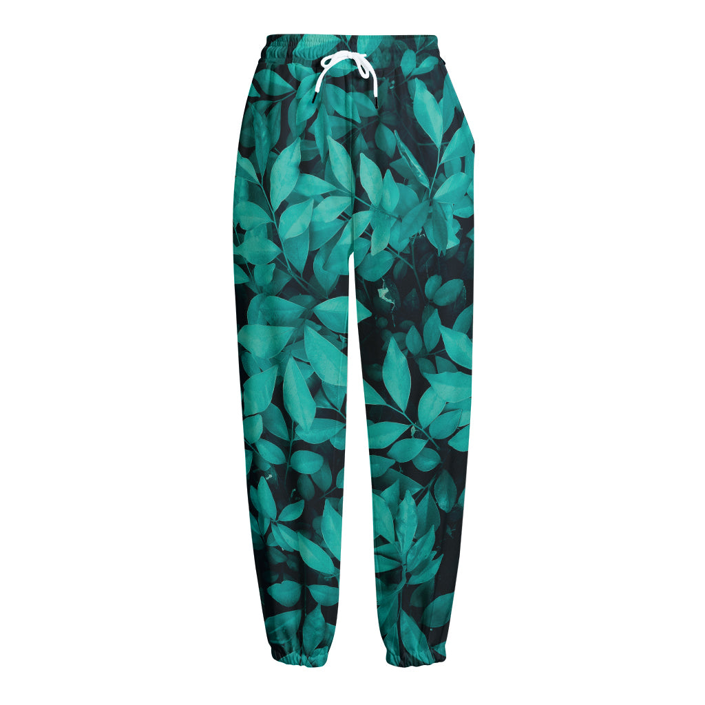 Turquoise Leaf Print Fleece Lined Knit Pants