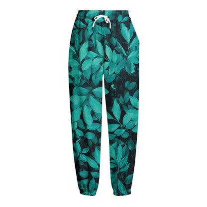 Turquoise Leaf Print Fleece Lined Knit Pants